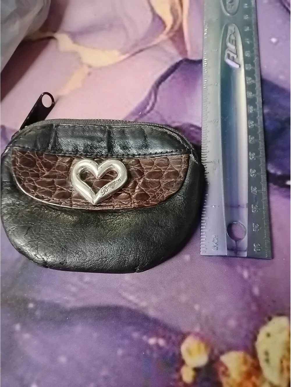 Brighton Small Black and Brown Croc Embossed Leather Coin  Purse Silver Heart